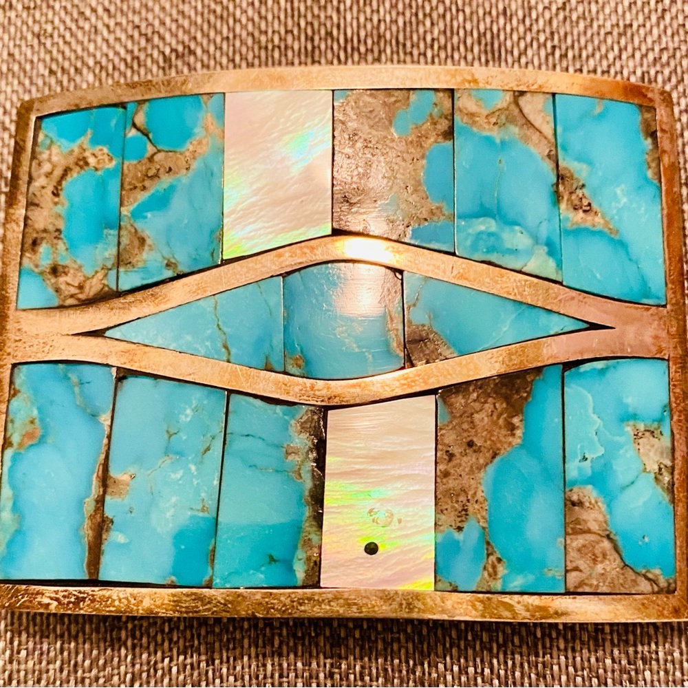 Turquoise and mother of pearl belt buckle
